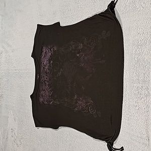 Lane Bryant Black side tied ruching with purple metallic print